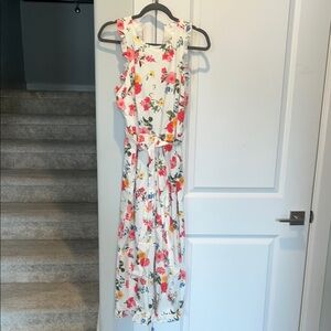 Floral Sleeveless Dress - White with Pink and Green Accents